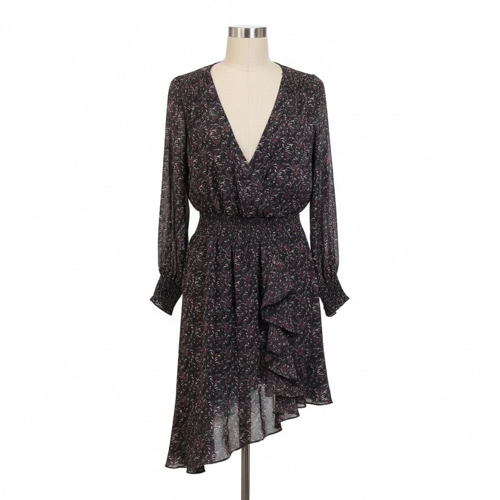1.STATE Polished Nomad Faux Wrap Asymmetric Dress Large Black Floral NWT‎